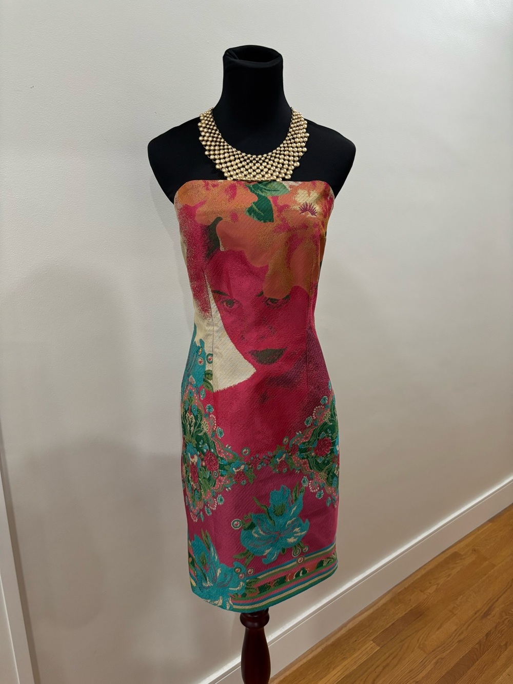 742. Desigual strapless mini bodycon dress featuring a face